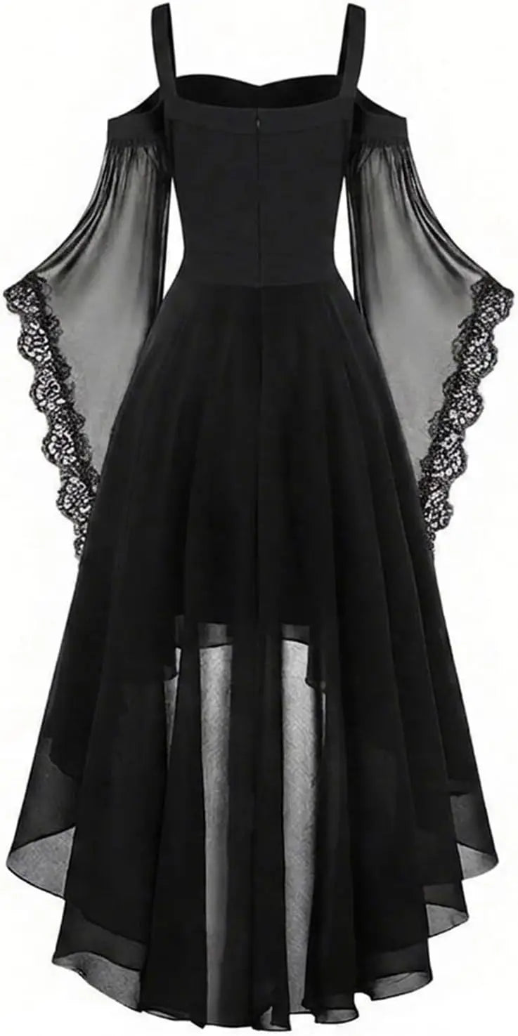 Achterkant van de zwarte jurk met ritssluiting, brede bandjes, kanten mouwranden en asymmetrische chiffon rok 3