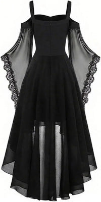 Achterkant van de zwarte jurk met ritssluiting, brede bandjes, kanten mouwranden en asymmetrische chiffon rok 3