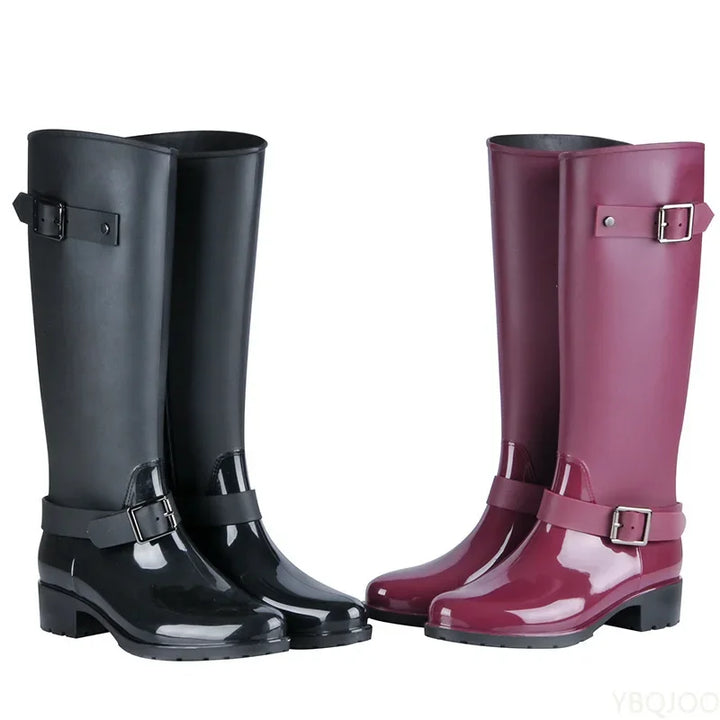 Hoge dames regenlaarzen waterdicht met gespen & blokhak – Elenya