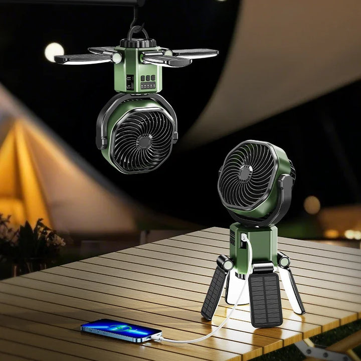 Zonnedraagbare Campingventilator met 6000mAh Batterij, LED-Licht & 4-Snelheden Koeling – SunBreeze