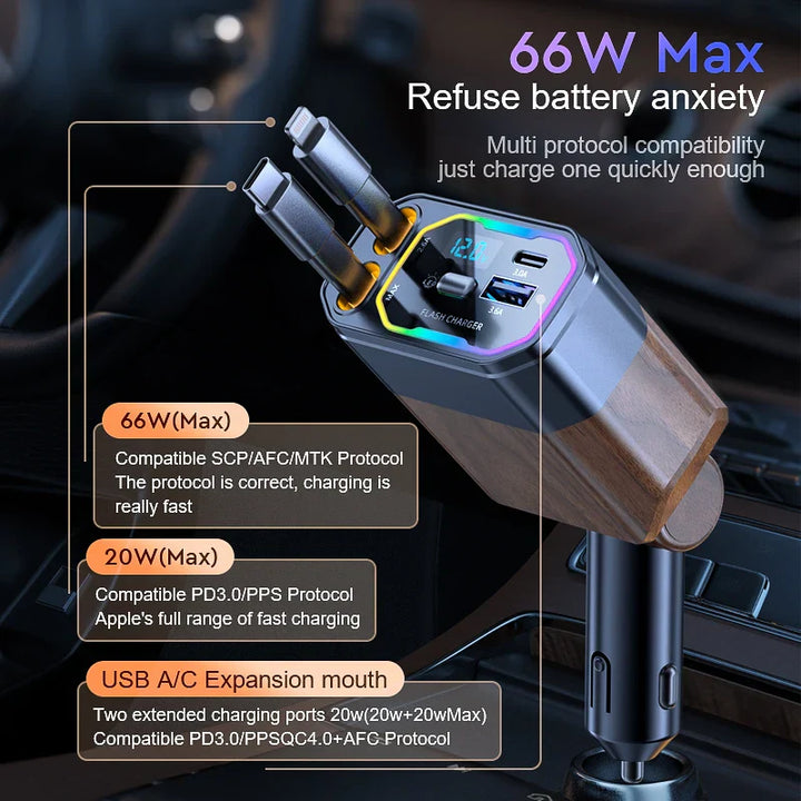 120W 4-in-1 Foldable Car Charger with USB-C &amp; Cigarette Lighter Adapter – Vega