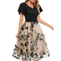 Stylish midi dress made of mesh with embroidery and flounce sleeves – Maila