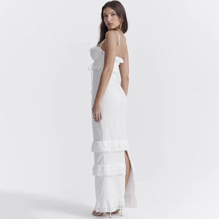 Stijlvolle Witte Geborduurde Maxi Jurk – Alina