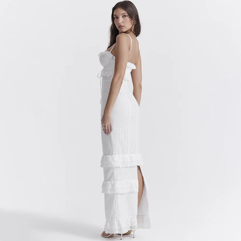 Stijlvolle Witte Geborduurde Maxi Jurk – Alina