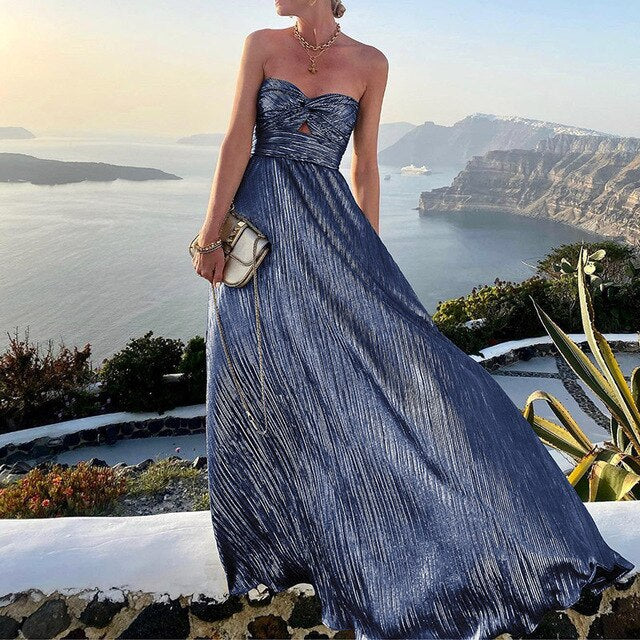 Maxi-Sommerkleid mit V-Ausschnitt und Taillenakzent – Rosa