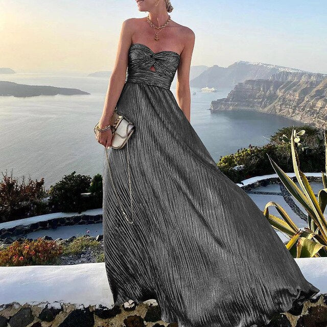 Maxi-Sommerkleid mit V-Ausschnitt und Taillenakzent – Rosa