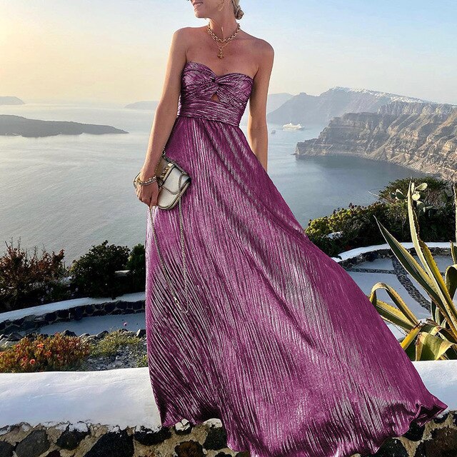 Maxi-Sommerkleid mit V-Ausschnitt und Taillenakzent – Rosa