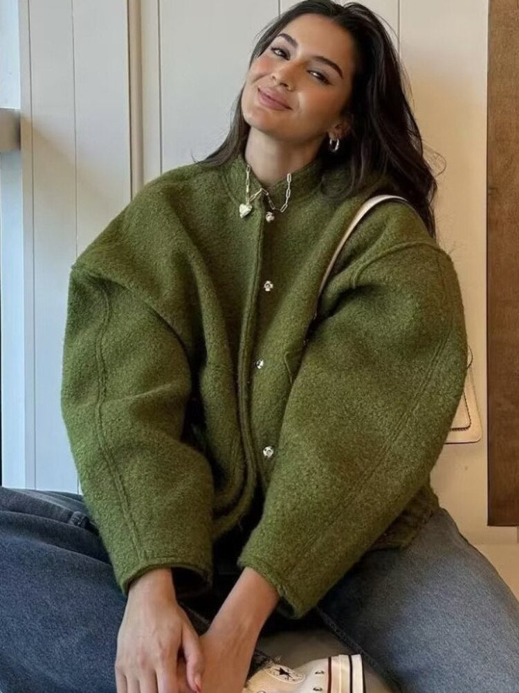 Oversized Wool Coat with Round Neck and Buttons - Selena