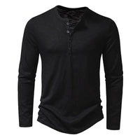 Zwart Henley-shirt met lange mouwen en knoopsluiting, recht van voren gefotografeerd. 16