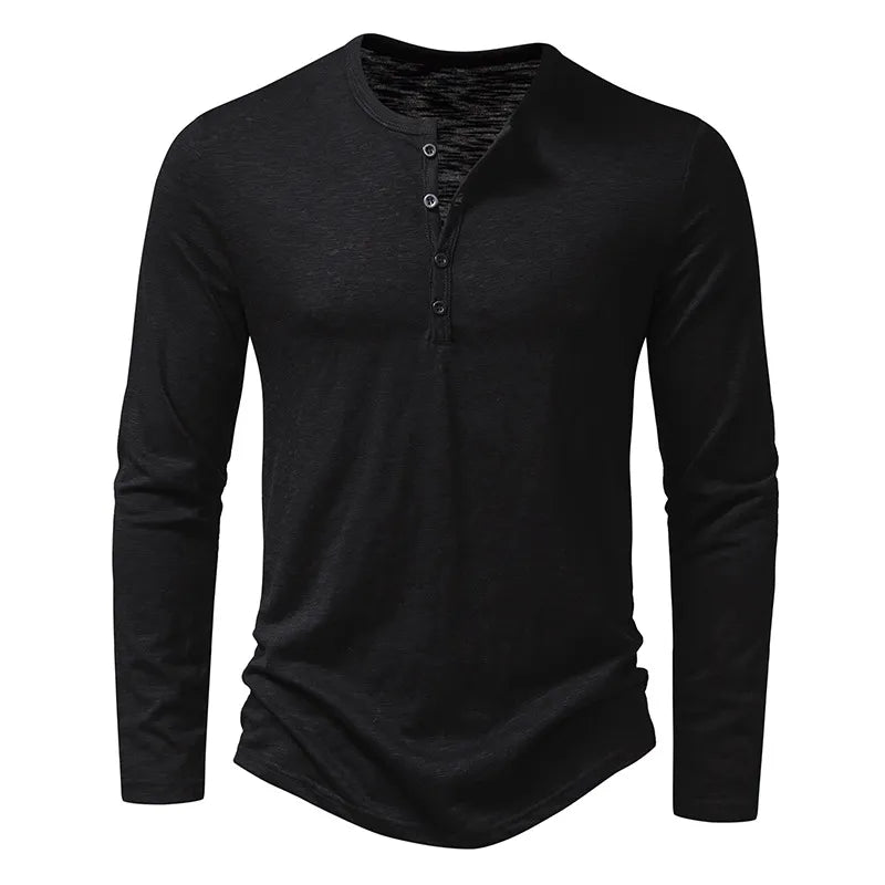 Zwart Henley-shirt met lange mouwen en knoopsluiting, recht van voren gefotografeerd. 16
