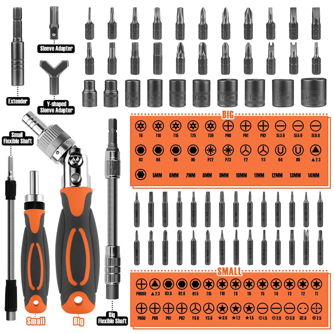 68-in-1 Ratschen-Schraubendreher-Set mit magnetischen Bits & Verlängerung – FortiDrive
