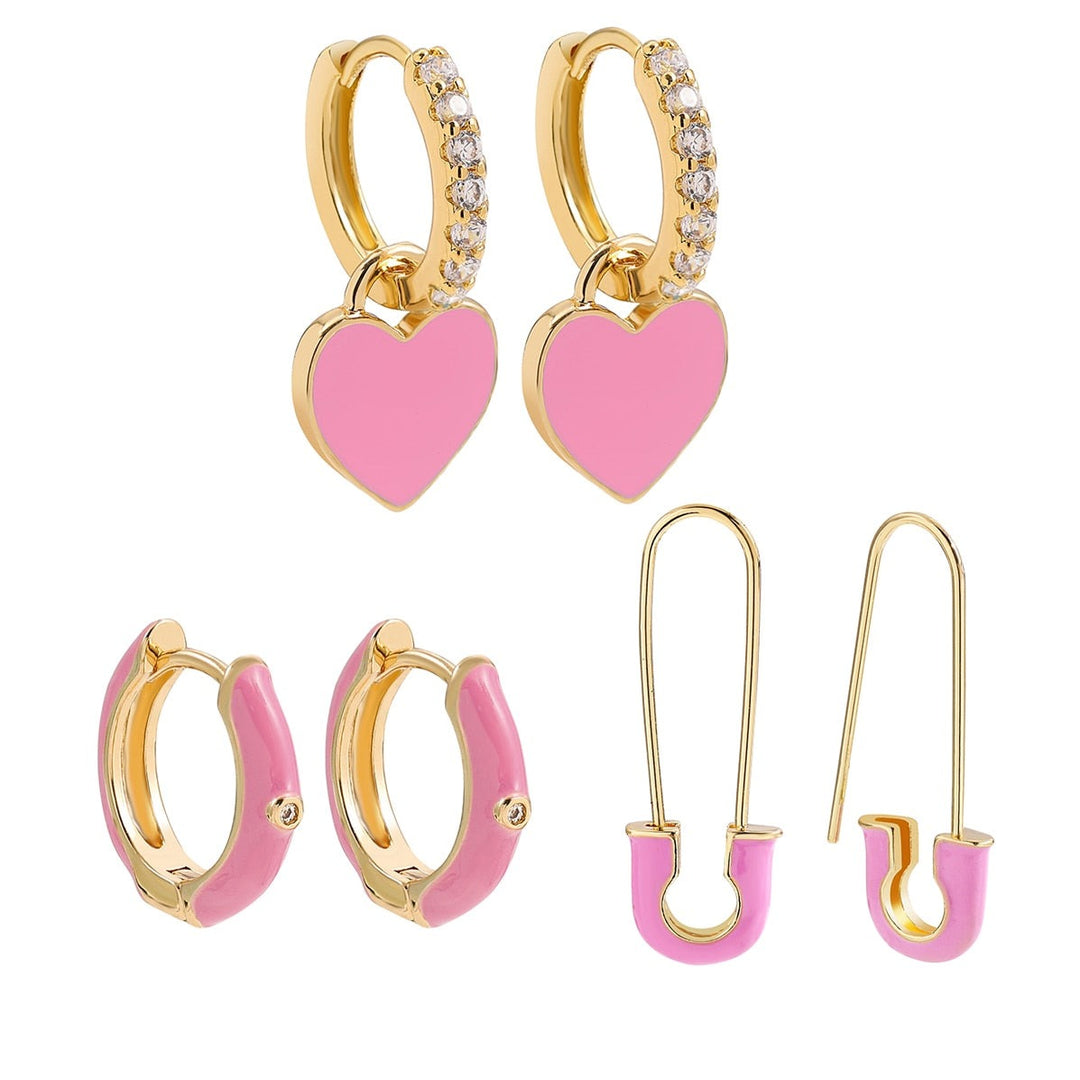 Earrings Set 3-piece | We Love Pink | Heart, Pin & Stones