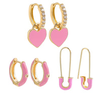 Earrings Set 3-piece | We Love Pink | Heart, Pin & Stones