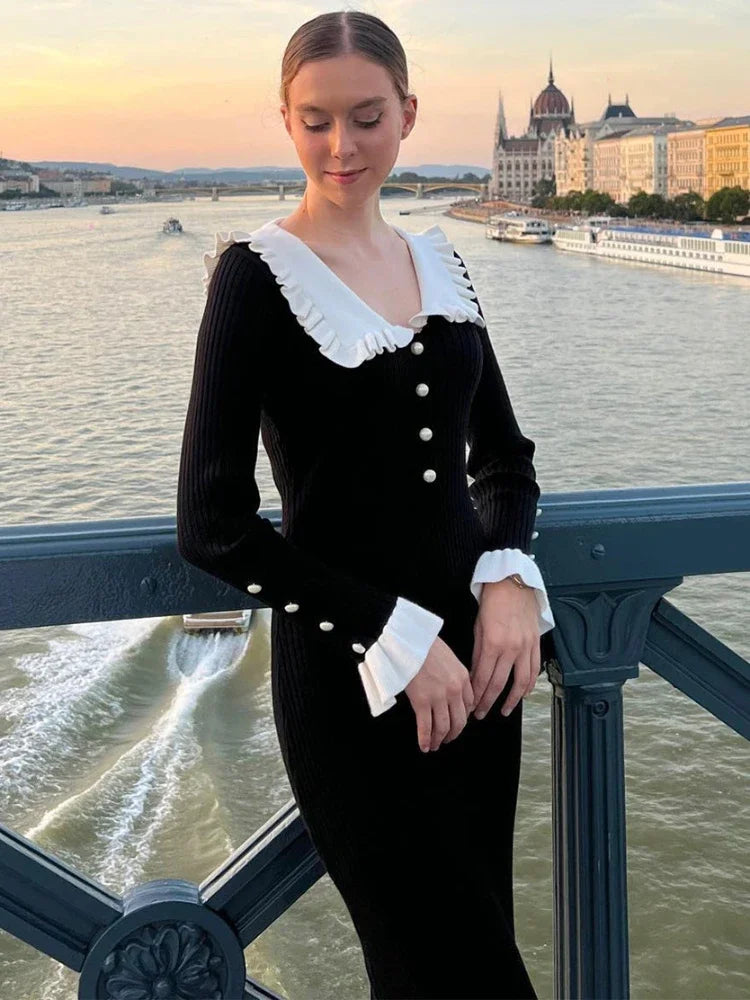 Strick Maxi-Kleid mit hoher Taille & Rüschen – Isolde
