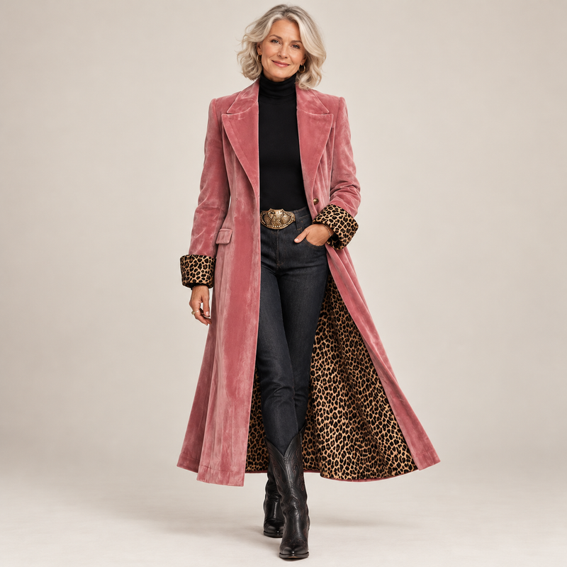 Model met grijs golvend haar draagt de roze fluwelen jas open over zwarte coltrui, spijkerbroek en cowboylaarzen, met luipaardvoering zichtbaar. 1