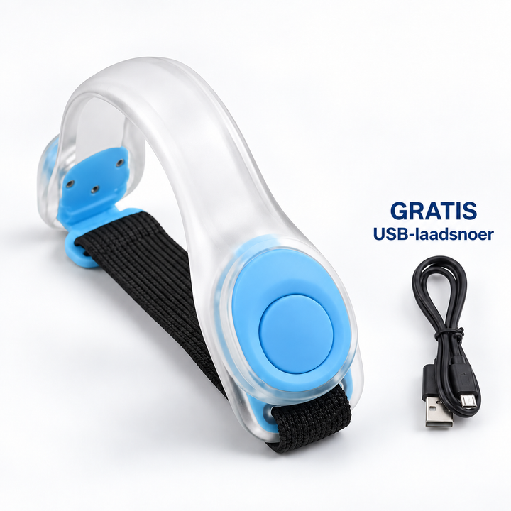 Doorzichtige led-armband met blauwe knop en zwarte elastische band, naast een zwart USB-laadsnoer 10