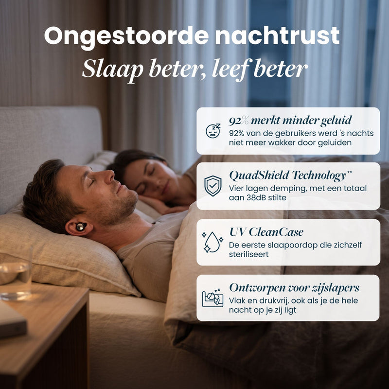 Man en vrouw slapen in bed, de man draagt een zwarte oordop; kaders met voordelen van de oordoppen ernaast. 2