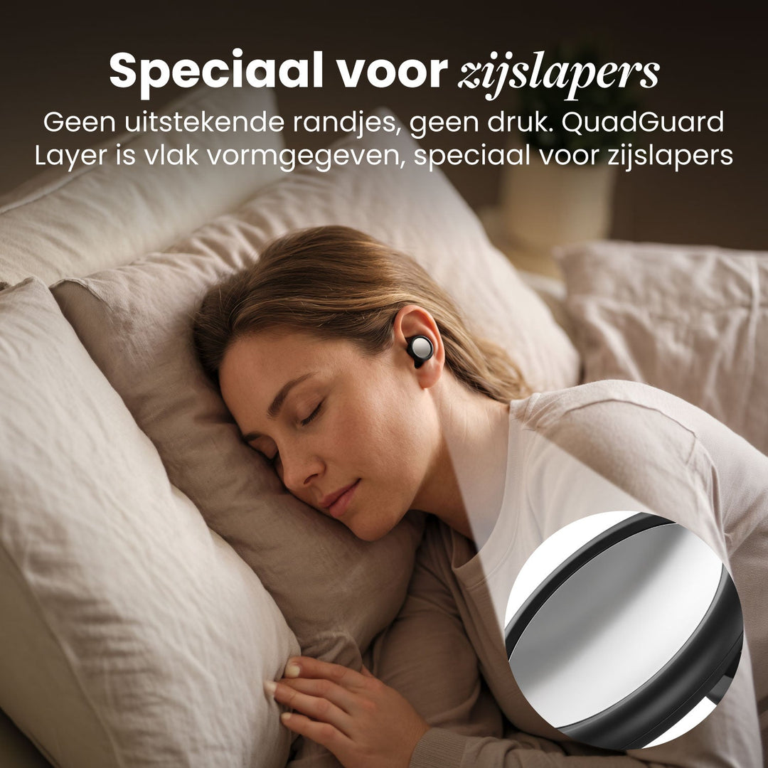 Zijslapende vrouw met een zwarte oordop in haar oor; een uitvergrote cirkel toont het vlakke, zilverkleurige buitenvlak. 7