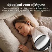 Zijslapende vrouw met een zwarte oordop in haar oor; een uitvergrote cirkel toont het vlakke, zilverkleurige buitenvlak. 7