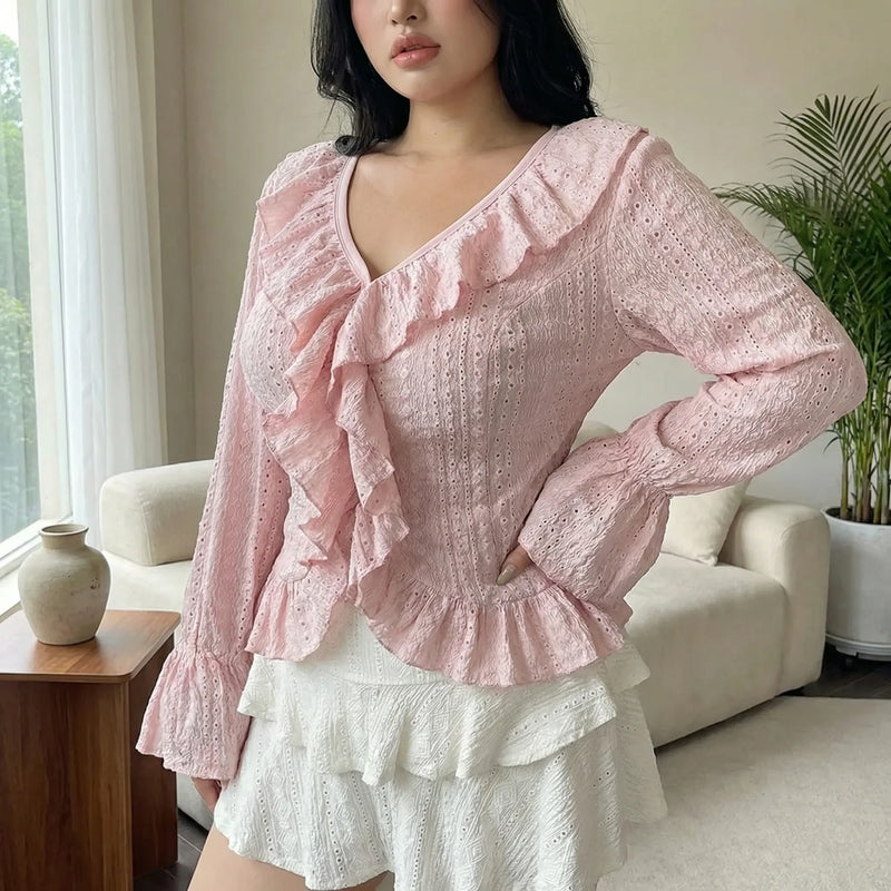 Slim Fit Ruffled Long Sleeve Top - Carmen