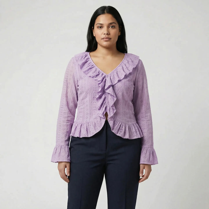 Slim Fit Ruffled Long Sleeve Top - Carmen