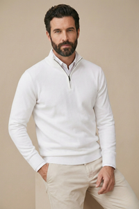 Model in witte trui met halve rits en wit overhemd eronder, leunend met hand in zak 3