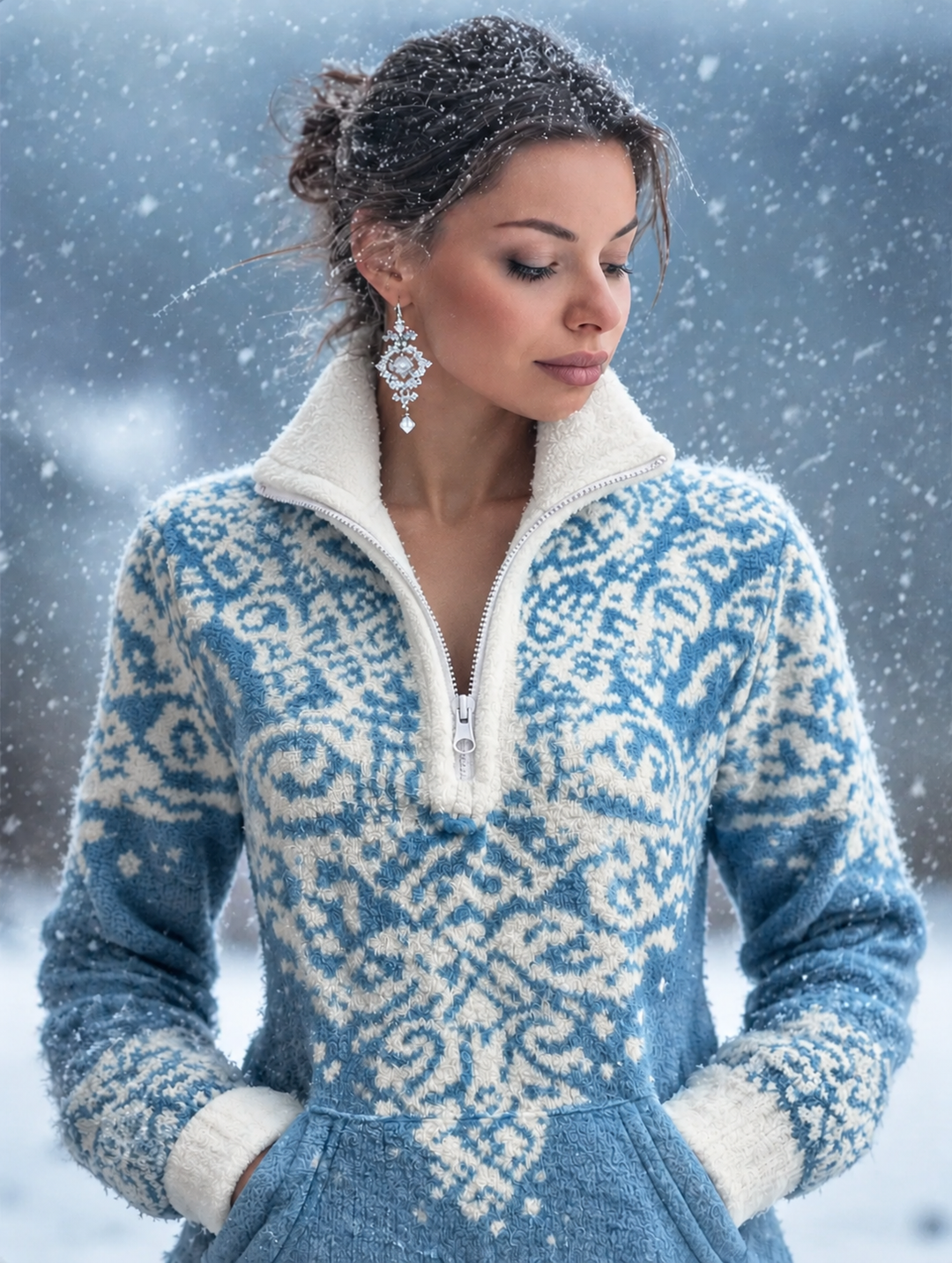 Vrouw in de sneeuw draagt blauw-witte trui met sierlijk patroon, ritskraag en handen in de zakken 1
