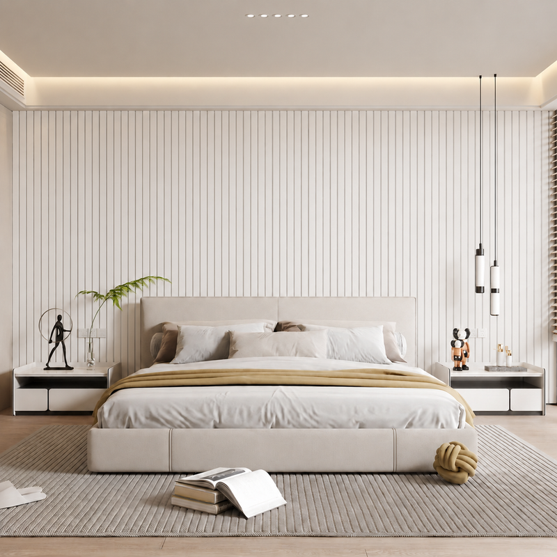 Slaapkamer met bed waarbij de achterwand is bekleed met witte verticale latten 9