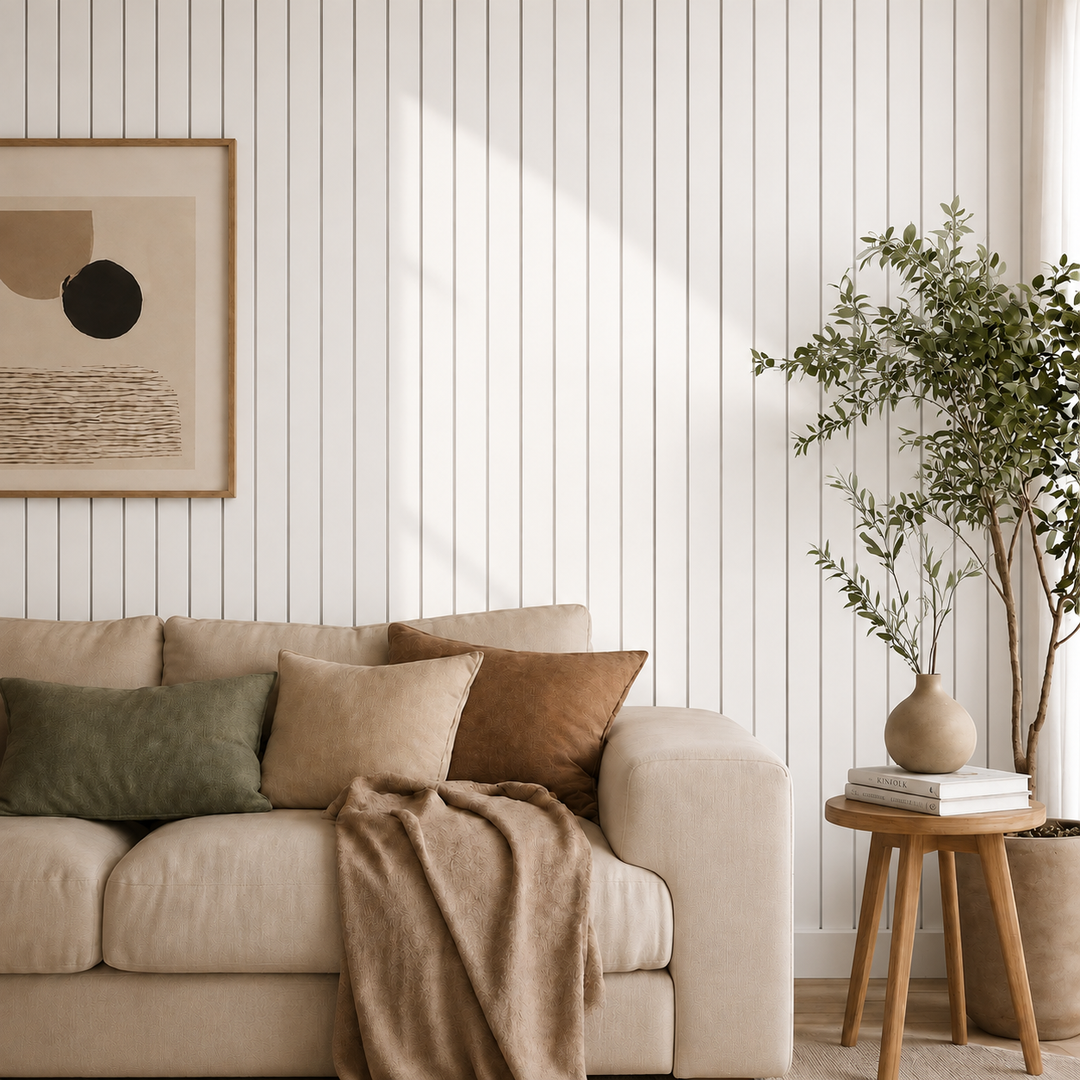 Woonkamerhoek met beige bank, schilderij en plant voor een wand met witte latten 10