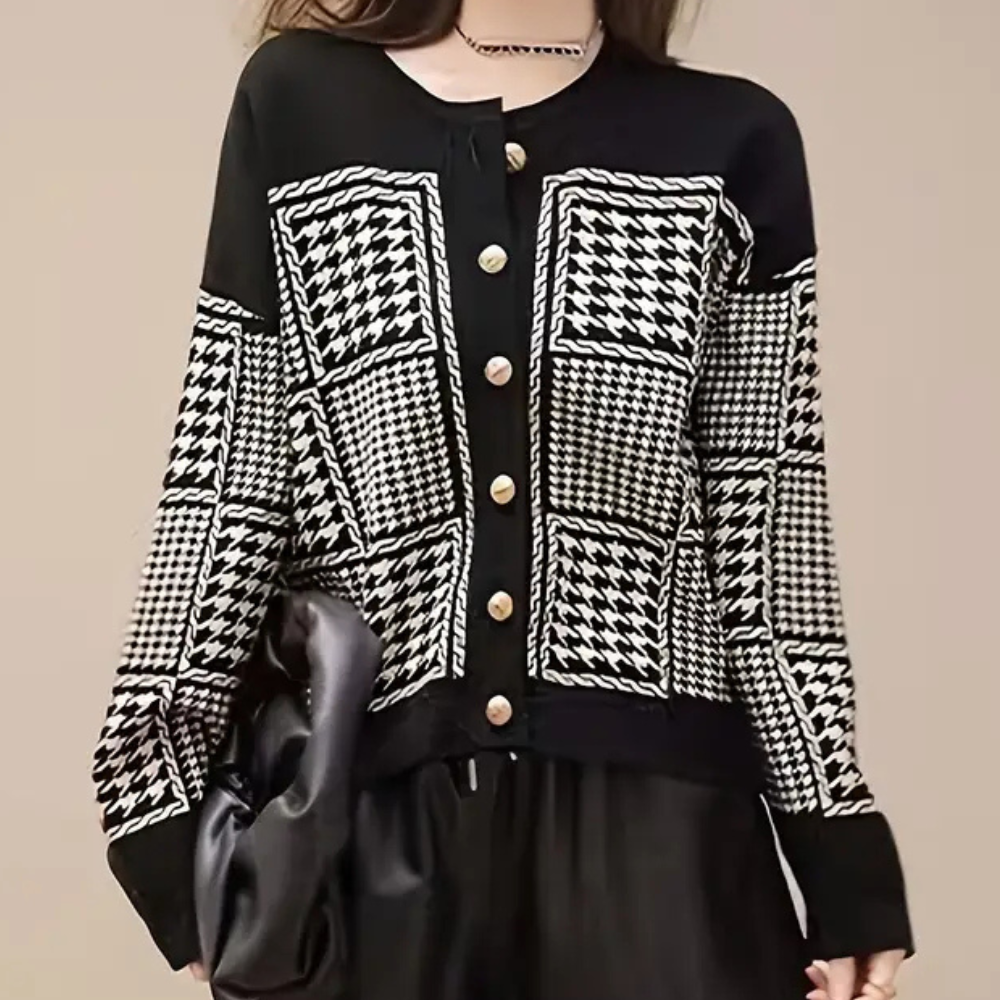 Zwarte Dames Cardigan met Pied-de-Poule Motief - Isolde