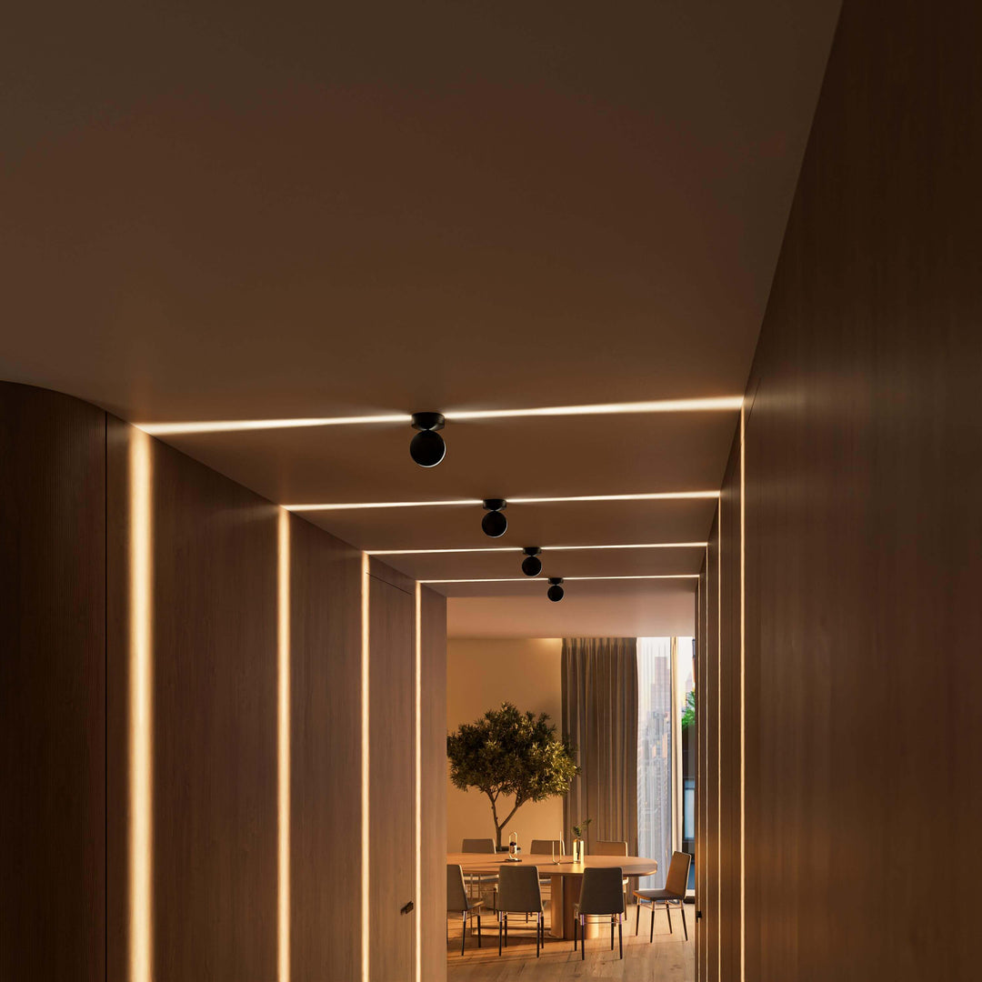 Zwarte plafondlampen in een houten gang met lichtlijnen over het plafond en de wanden, richting een eetkamer met olijfboom. 14