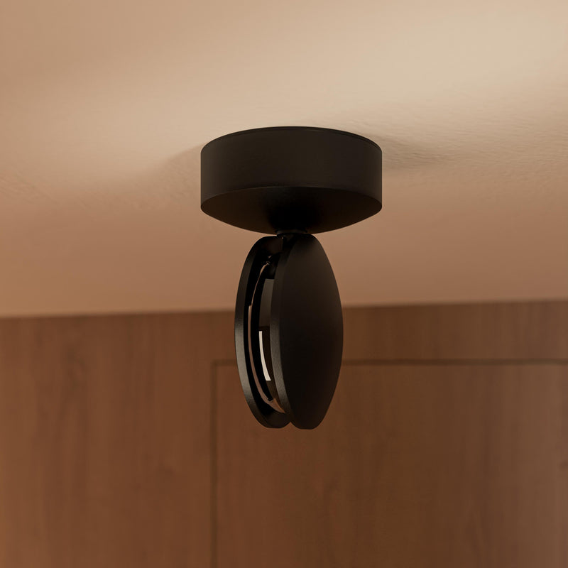 Zwarte plafondlamp van onderaf met zijwaarts gedraaide ronde kop, zonder licht, tegen een houten wand. 13