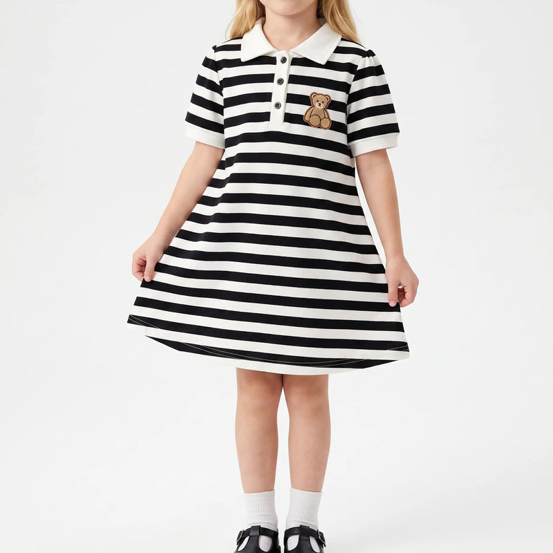 Striped Short-Sleeved A-Line Polo Dress - Cubbela