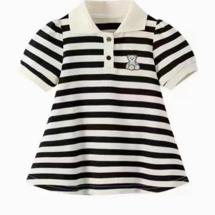 Striped Short-Sleeved A-Line Polo Dress - Cubbela