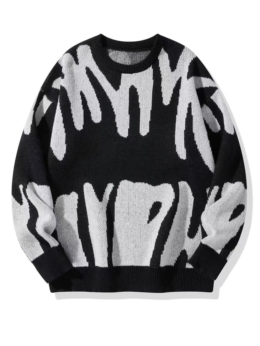 Zwarte gebreide sweater met wit abstract patroon, plat van voren gefotografeerd 2