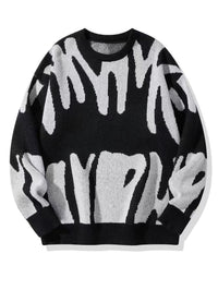 Zwarte gebreide sweater met wit abstract patroon, plat van voren gefotografeerd 2