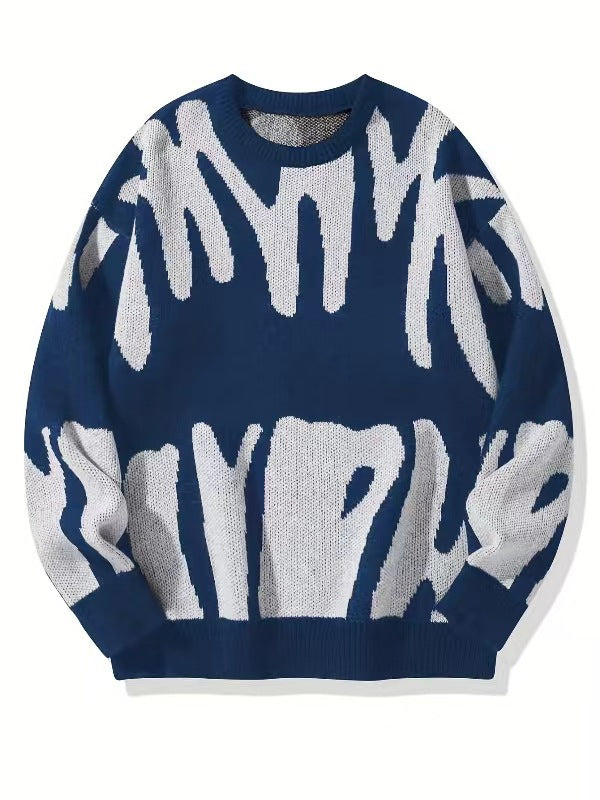 Donkerblauwe gebreide sweater met wit abstract patroon, plat van voren gefotografeerd 3