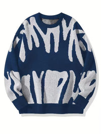 Donkerblauwe gebreide sweater met wit abstract patroon, plat van voren gefotografeerd 3