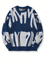 Donkerblauwe gebreide sweater met wit abstract patroon, plat van voren gefotografeerd 3