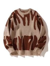 Beige gebreide sweater met bruin abstract patroon en ribboord, plat van voren gefotografeerd 5