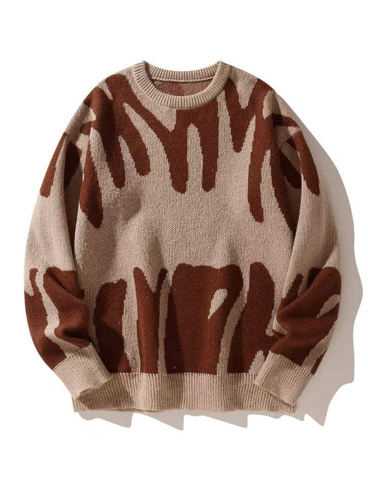 Beige gebreide sweater met bruin abstract patroon en ribboord, plat van voren gefotografeerd 5