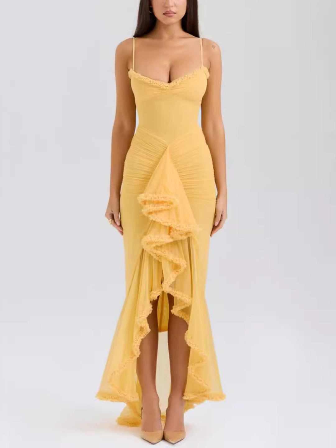 Trendiges Maxikleid mit Rüschen und Spaghettiträgern - Loyza