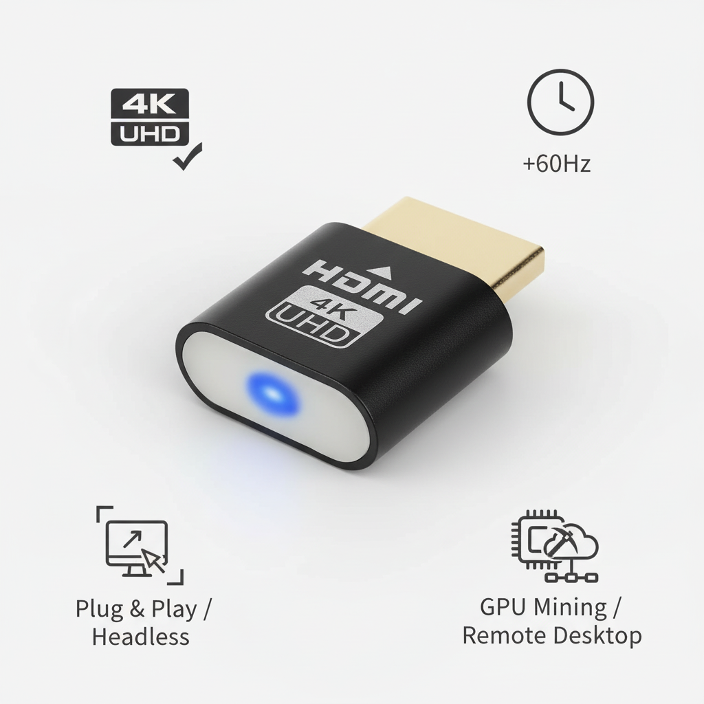 Zwarte dongel met vier pictogrammen eromheen die de 4K-weergave, 60Hz, plug-and-play en gebruik zonder monitor aanduiden. 2