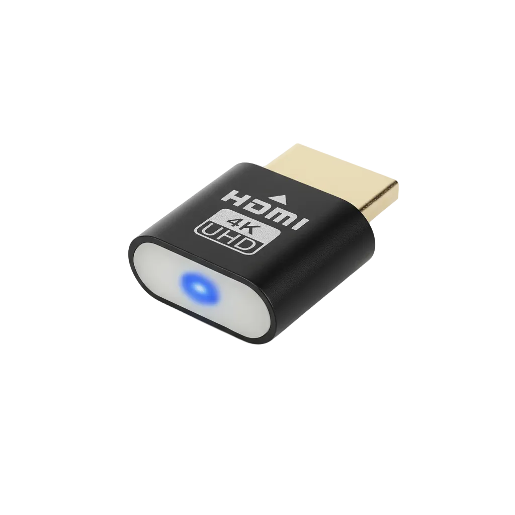 Zwarte HDMI-dongel met vergulde connector en oplichtend blauw ledlampje, schuin van voren op een witte achtergrond. 1