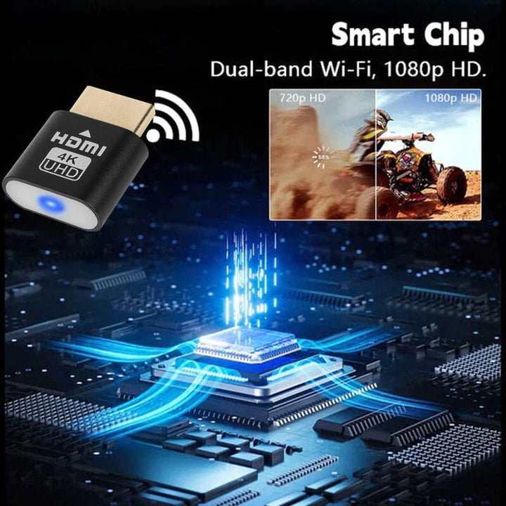 Dongel met draadloossymbool boven een lichtgevende computerchip, met een vergelijking tussen lagere en hogere beeldkwaliteit van een quadrijder. 4