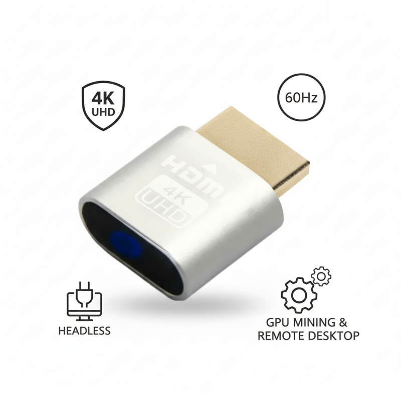 Zilverkleurige dongel met vergulde connector, omringd door pictogrammen voor 4K, 60Hz, gebruik zonder monitor en externe toegang. 11