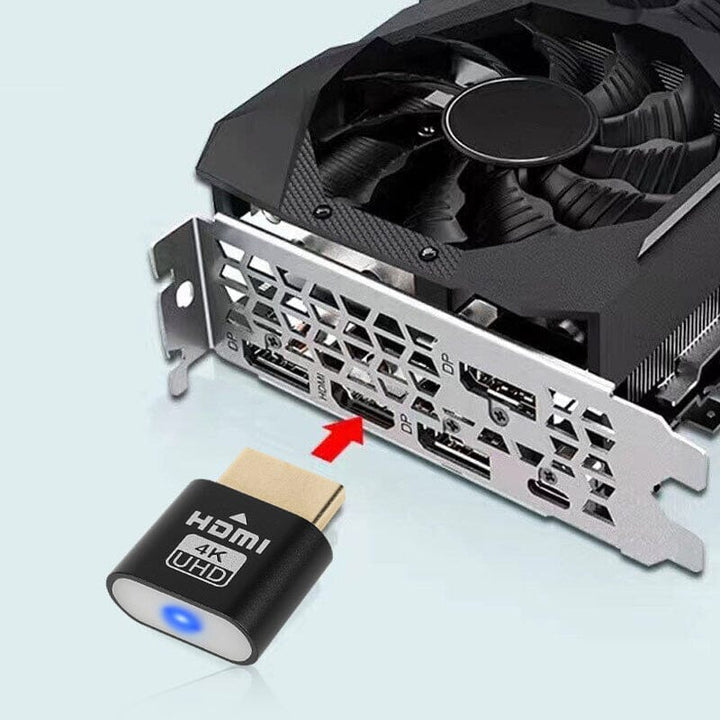 Rode pijl wijst naar de HDMI-poort op de achterkant van een videokaart waar de zwarte dongel ingestoken wordt. 9