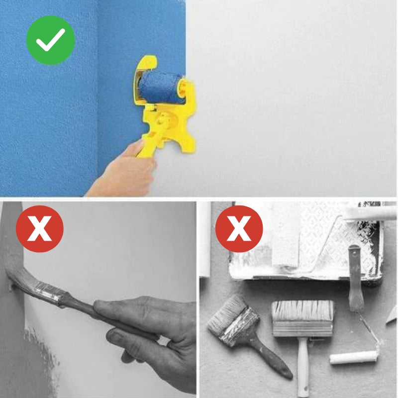 Vergelijking: het verfset maakt een strakke blauwe rand op de muur, tegenover een penseel en traditionele verfspullen. 8