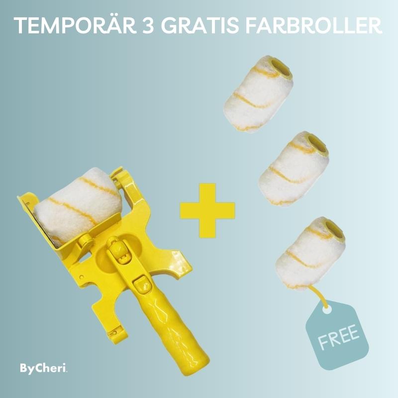 Gele verfset met witte roller naast drie losse extra rollers met gele strepen, met een label dat de rollers gratis zijn. 10