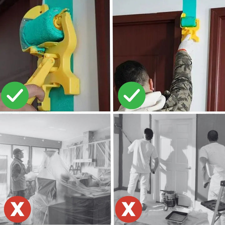 Collage met twee voorbeelden van het verfset bij een deurkozijn en twee foto's van omslachtig afplakken en schilderen als vergelijking. 5